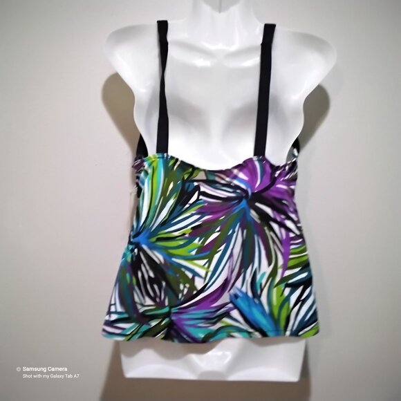 Caribbean Joe Black, Teal & Purple Foliage Swimwear Tankini Top Separates NWT 14 - Picture 2 of 3
